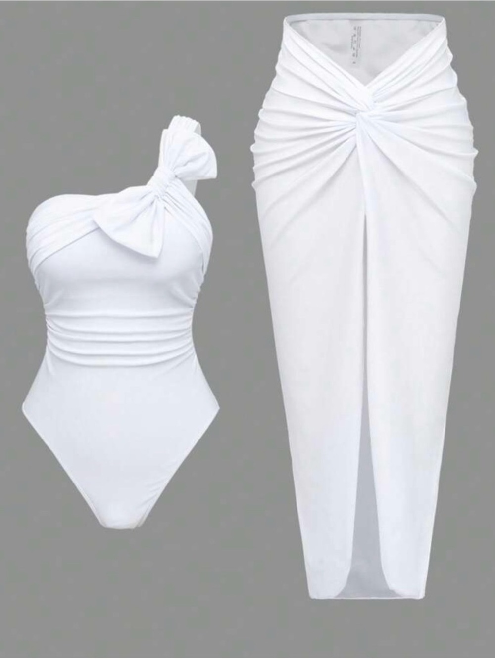 White Twist One-Shoulder Swimsuit & Sarong Set
